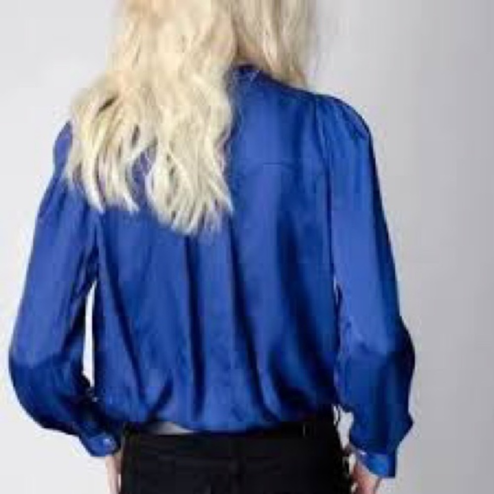 Zadig & Voltaire Touchy Satin Blouse XS Blue Rhinestone Cuff Button Up Silky - Picture 2 of 7